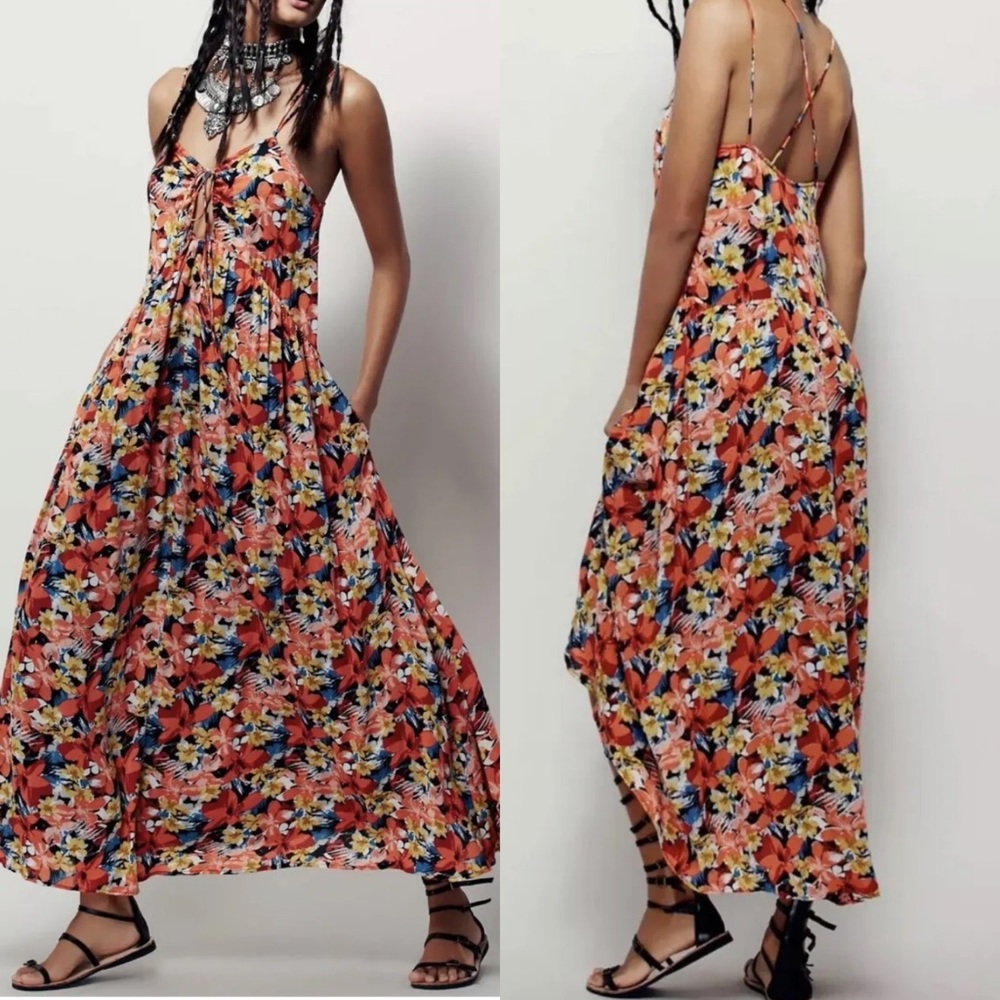 Free People Long Orange Floral Mulberry Maxi Dress w/ Keyhole Sz S NEW